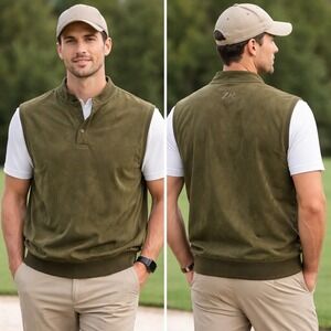 Zero Restriction Golf Vest Mens Large Olive Green Microsuede Mock Neck ZR 4093A